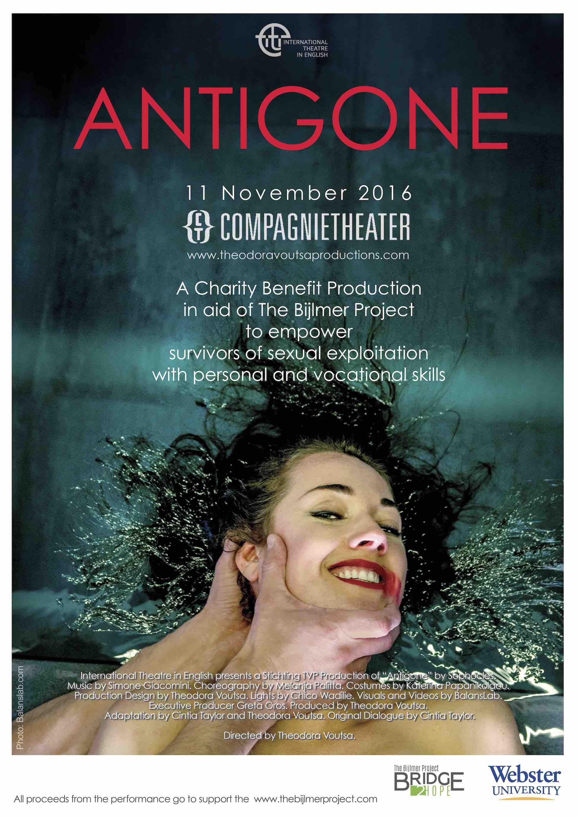 ANTIGONE - a Charity Benefit Production ~ 11 November 2016<br /><p>Many thanks to the International Theatre in English for their generosity in donating all proceeds for this production of ANTIGONE to TheBridge2Hope Foundation (formerly named: The Bijlmer Project) and many thanks to everyone who came to see this impressive play.</p><p>Antigone is a tragedy written by Sophocles in the year 441 BCE.</p><p>The new King Creon is desperate to gain control over a city ravaged by civil war and refuses to bury the body of Antigone&#8217;s rebellious brother. Outraged, she defies him and honours her brother. Creon takes action against her, risking the wrath of the gods.</p>