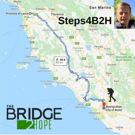 Steps4B2H Fundraiser by Peter Korst ~ 27 May 2019<br /><p>We are enormously grateful to everyone who donated towards the Steps4B2H Fundraiser, which raised €1391.</p>
<p>This was donated in recognition of the incredible achievements of Peter Korst, our Dutch teacher, who completed his 430km walk from Lucca-Rome, 11-29 April 2019.</p>
<p>He dedicated his walk to raising awareness about human trafficking and the work we are doing at TheBridge2Hope.</p>
<p>A special thank you to Peter, we are proud to have you on our team!<br />
We are extremely grateful for the dedication and support we received for Steps4B2H!</p>

